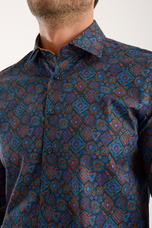 Camicia Uomo Firenze Sport Popelin Stretch Blu Arancione