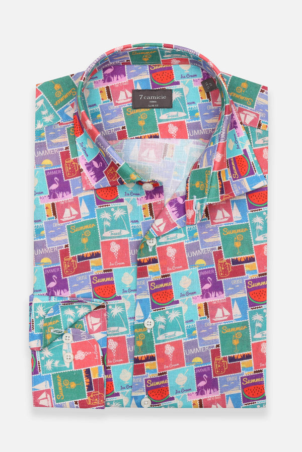 Camicia Uomo Firenze Essential Lino Celeste Rosso