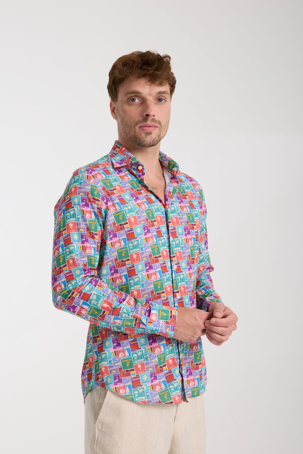 Camicia Uomo Firenze Essential Lino Celeste Rosso