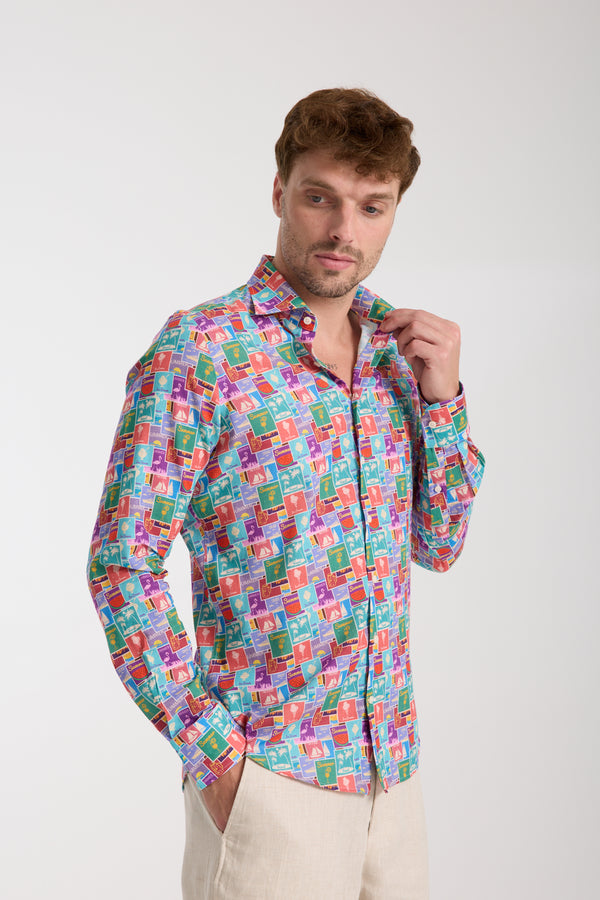 Camicia Uomo Firenze Essential Lino Celeste Rosso