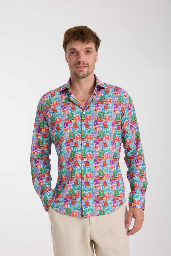 Camicia Uomo Firenze Essential Lino Celeste Rosso
