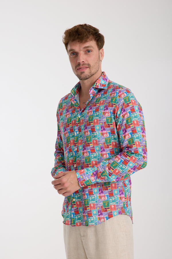 Camicia Uomo Firenze Essential Lino Celeste Rosso