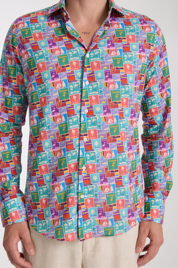 Camicia Uomo Firenze Essential Lino Celeste Rosso
