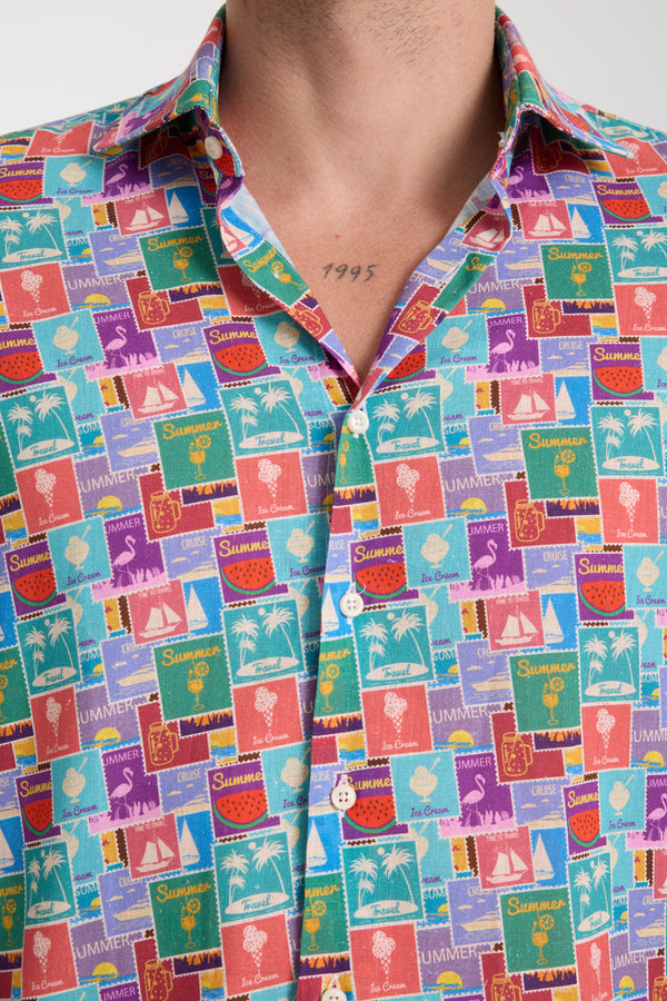 Camicia Uomo Firenze Essential Lino Celeste Rosso