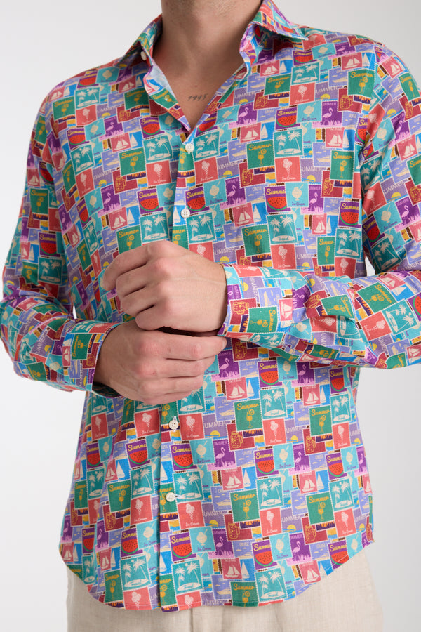 Camicia Uomo Firenze Essential Lino Celeste Rosso