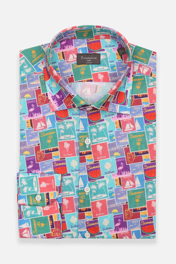 Camicia Uomo Firenze Essential Lino Celeste Rosso