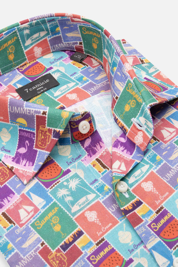 Camicia Uomo Firenze Essential Lino Celeste Rosso