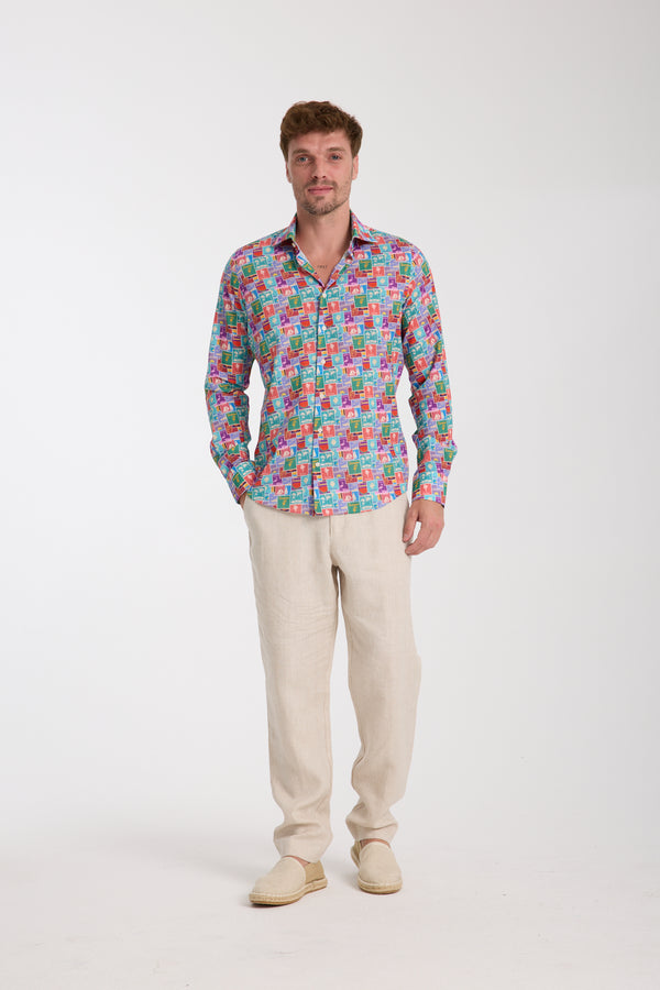 Camicia Uomo Firenze Essential Lino Celeste Rosso