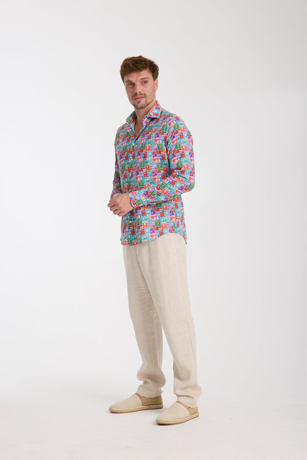 Camicia Uomo Firenze Essential Lino Celeste Rosso