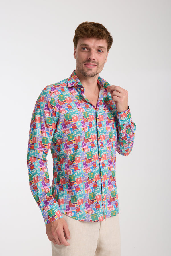 Camicia Uomo Firenze Essential Lino Celeste Rosso