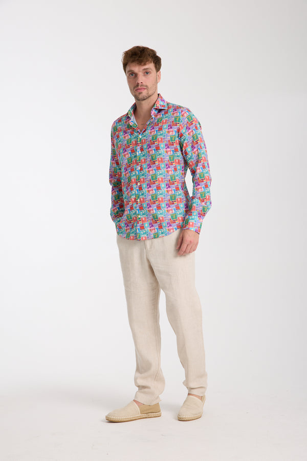 Camicia Uomo Firenze Essential Lino Celeste Rosso