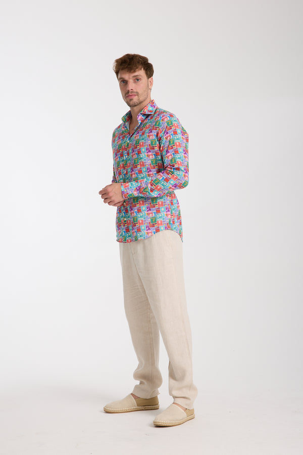 Camicia Uomo Firenze Essential Lino Celeste Rosso