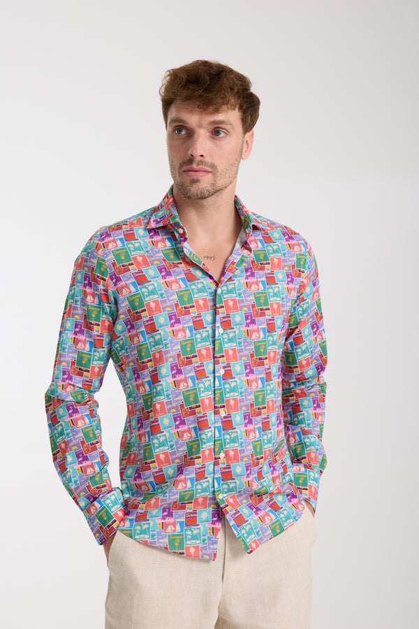 Camicia Uomo Firenze Essential Lino Celeste Rosso