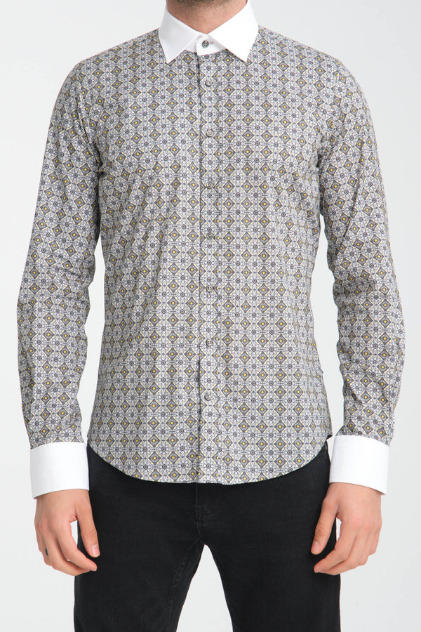 Camicia Uomo Popelin Stretch Grigio Bianco