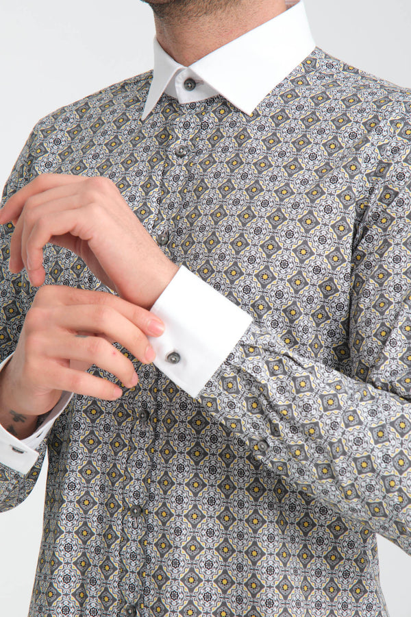 Camicia Uomo Popelin Stretch Grigio Bianco