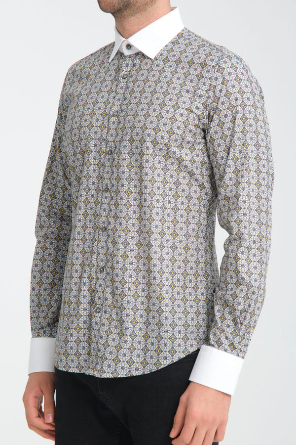 Camicia Uomo Popelin Stretch Grigio Bianco