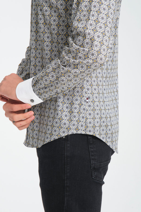 Camicia Uomo Popelin Stretch Grigio Bianco