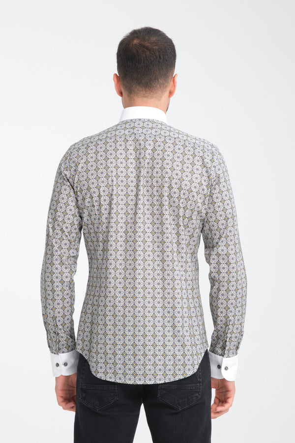 Camicia Uomo Popelin Stretch Grigio Bianco