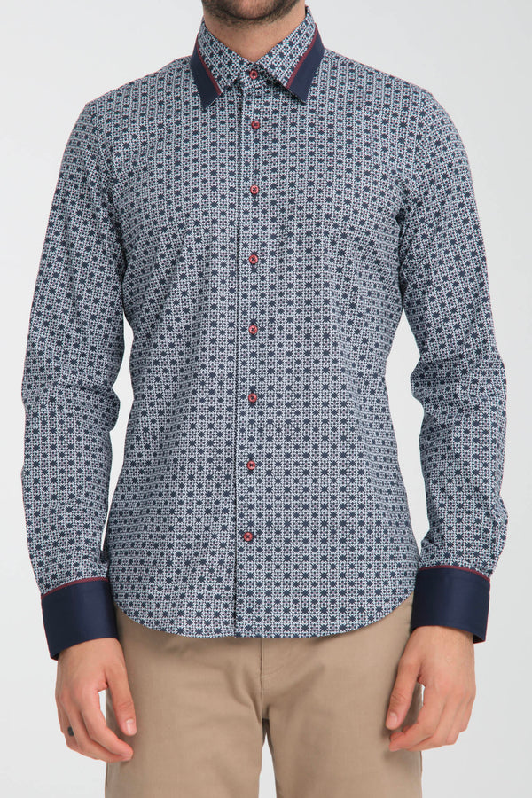 Camisa Hombre Sport Popelin Stretch Azul Blanco