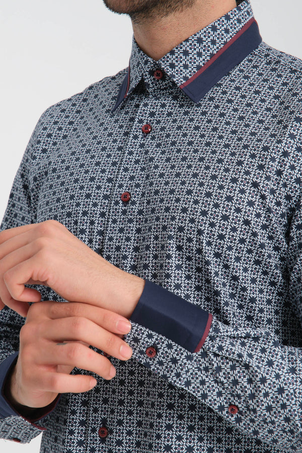 Camisa Hombre Sport Popelin Stretch Azul Blanco