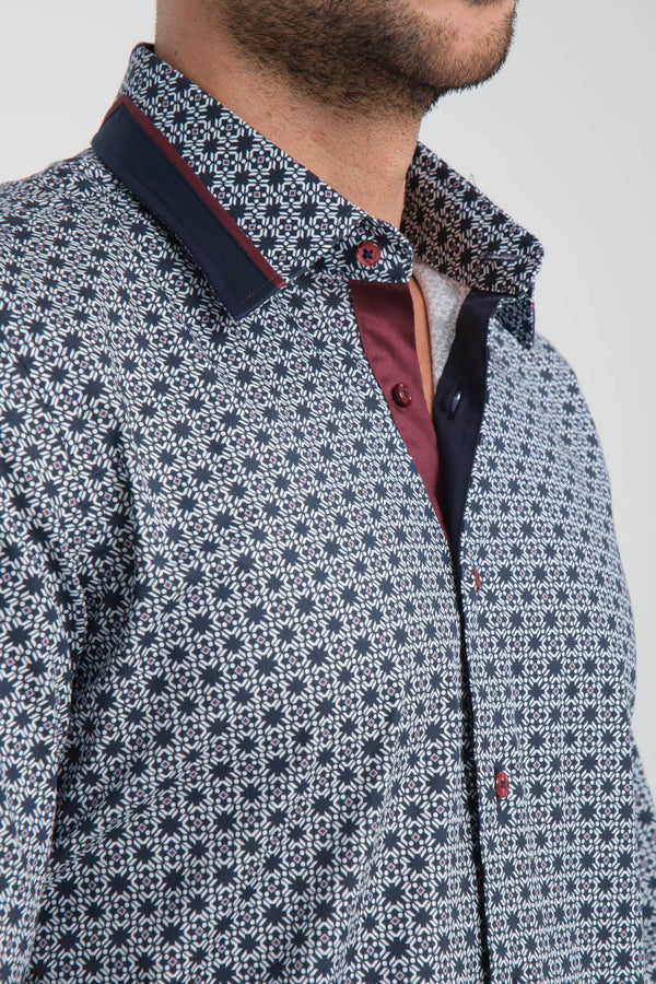 Camisa Hombre Sport Popelin Stretch Azul Blanco