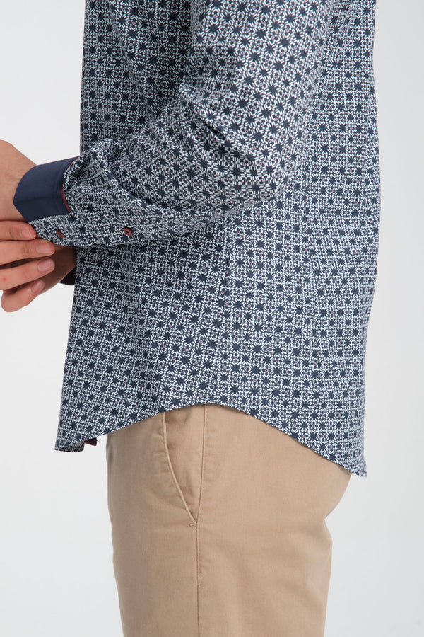 Camisa Hombre Sport Popelin Stretch Azul Blanco