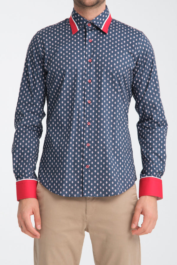 Camisa Hombre Sport Popelin Stretch Azul Rojo
