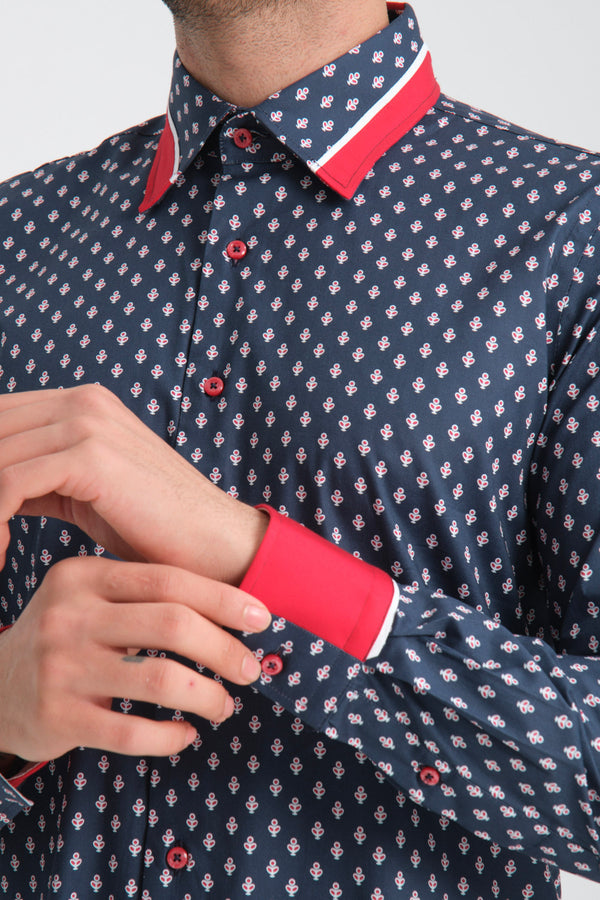 Camisa Hombre Sport Popelin Stretch Azul Rojo
