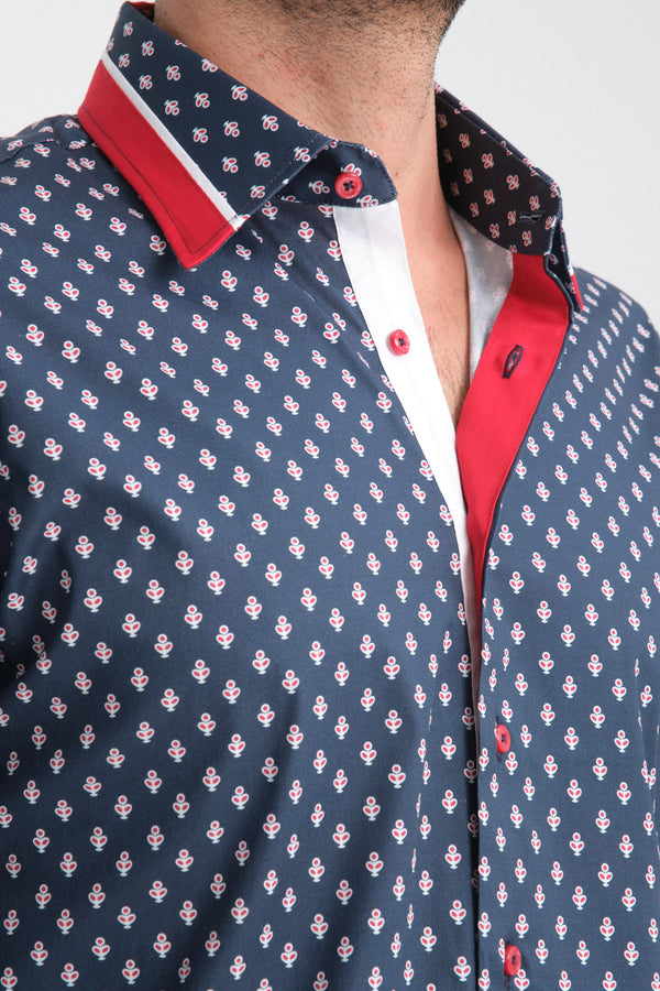 Camisa Hombre Sport Popelin Stretch Azul Rojo