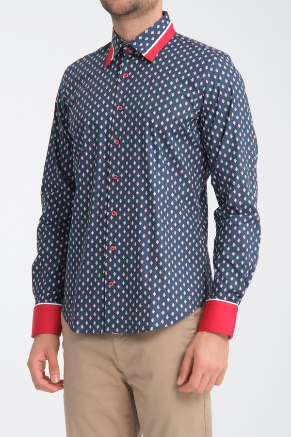 Camisa Hombre Sport Popelin Stretch Azul Rojo