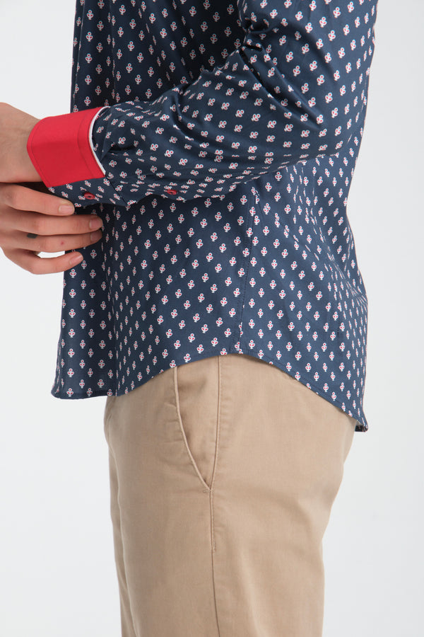 Camisa Hombre Sport Popelin Stretch Azul Rojo