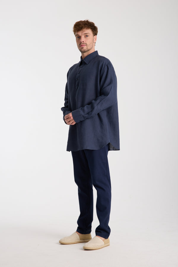 Sport Herren Hemd Leinen Blau