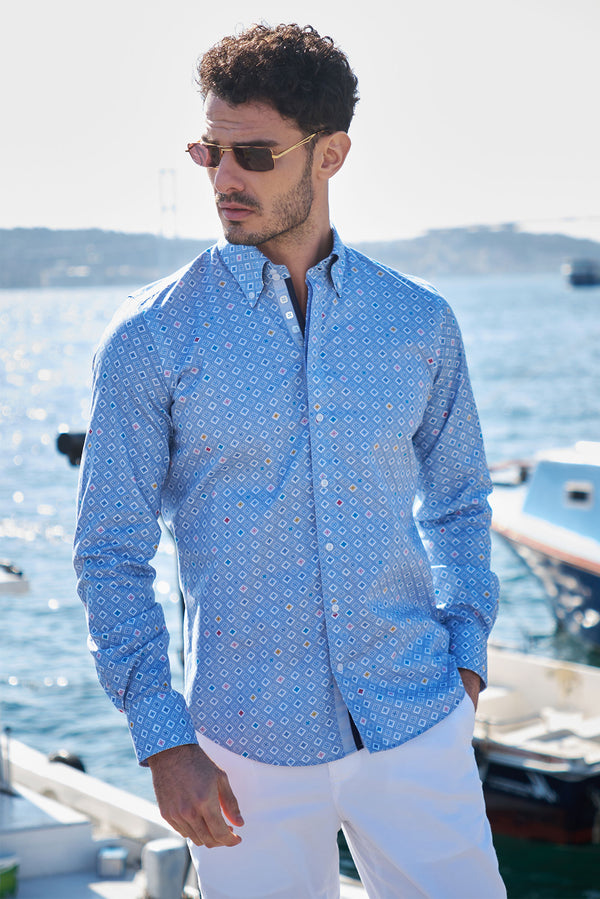Camisa Hombre Roma Iconic Popelin Azul Claro Blanco