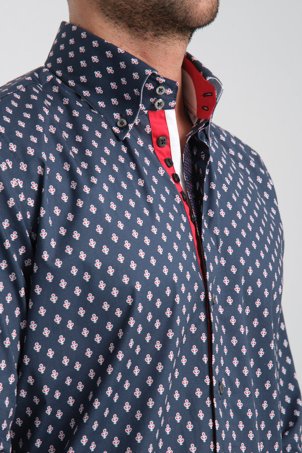 Roma Iconic Herren Hemd Poplin Stretch Blau Rot