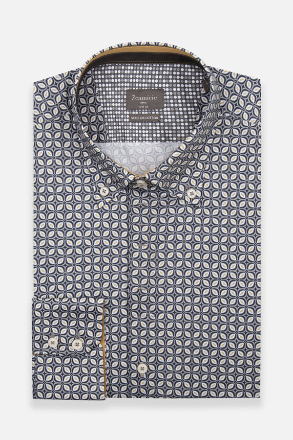 Camisa Hombre Roma Iconic Popelin Stretch Gris Claro Azul