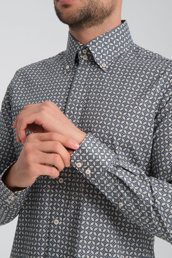 Camisa Hombre Roma Iconic Popelin Stretch Gris Claro Azul