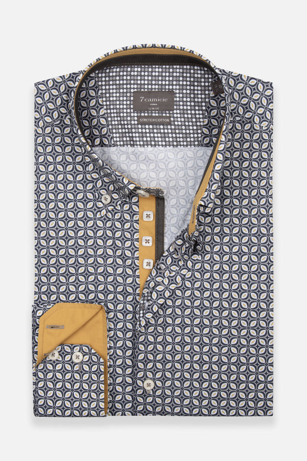 Camisa Hombre Roma Iconic Popelin Stretch Gris Claro Azul