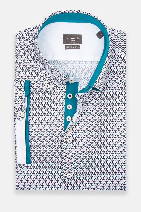 Chemise Homme Manche Courte Roma Iconic Popelin Stretch Blanc Bleu