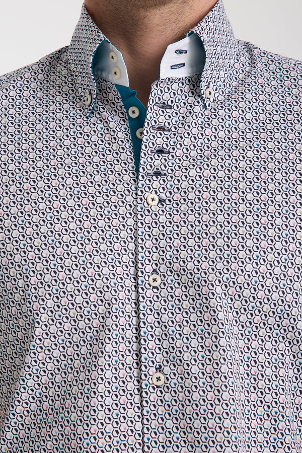 Chemise Homme Manche Courte Roma Iconic Popelin Stretch Blanc Bleu