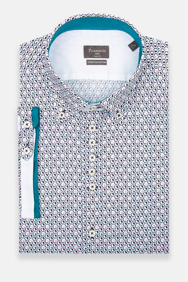 Chemise Homme Manche Courte Roma Iconic Popelin Stretch Blanc Bleu