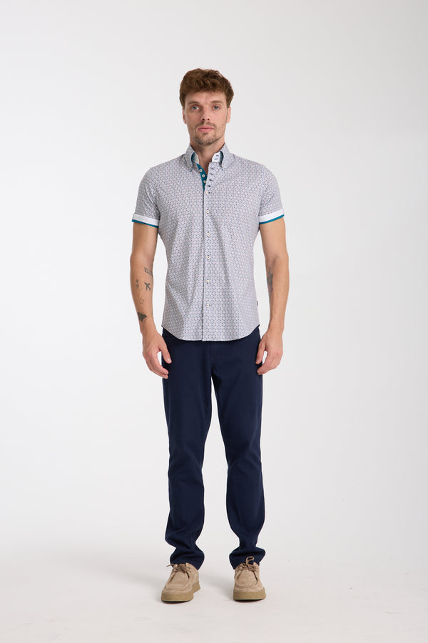 Chemise Homme Manche Courte Roma Iconic Popelin Stretch Blanc Bleu