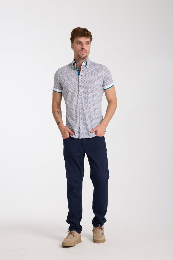 Chemise Homme Manche Courte Roma Iconic Popelin Stretch Blanc Bleu