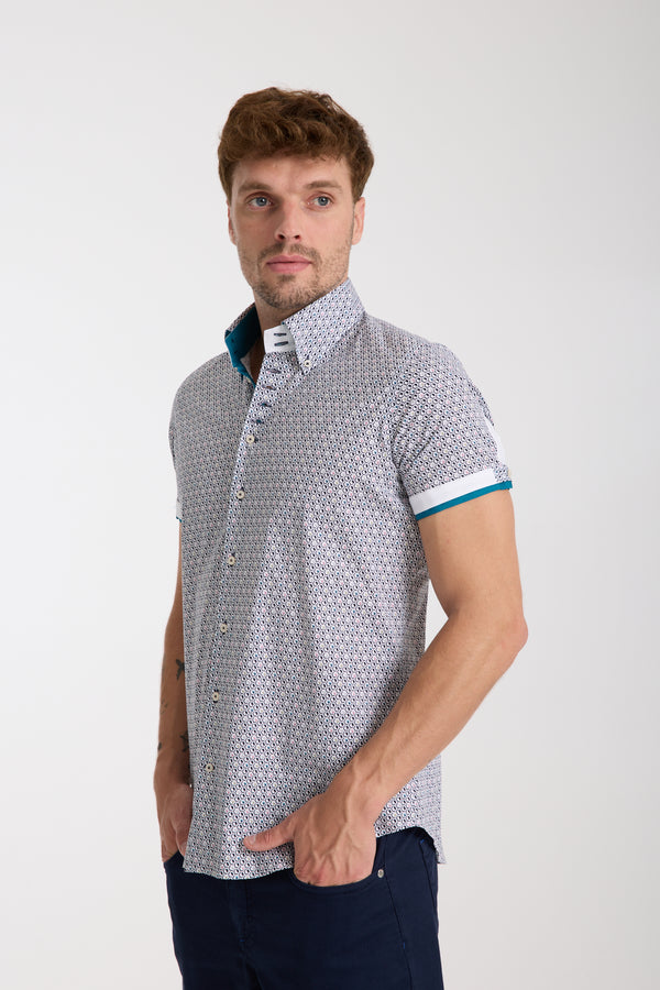 Chemise Homme Manche Courte Roma Iconic Popelin Stretch Blanc Bleu