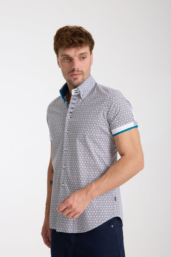 Chemise Homme Manche Courte Roma Iconic Popelin Stretch Blanc Bleu