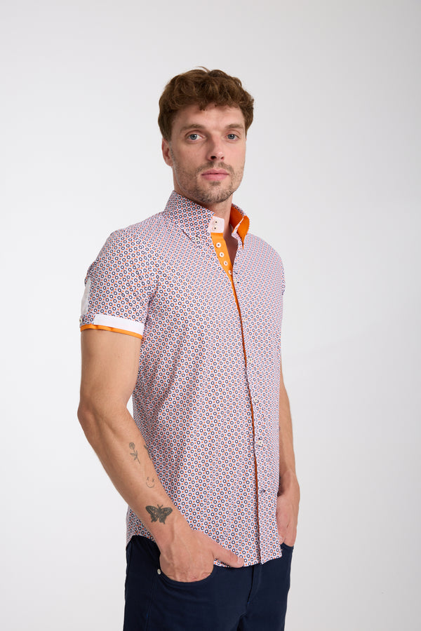 Chemise Homme Manche Courte Roma Iconic Popelin Stretch Blanc Orange
