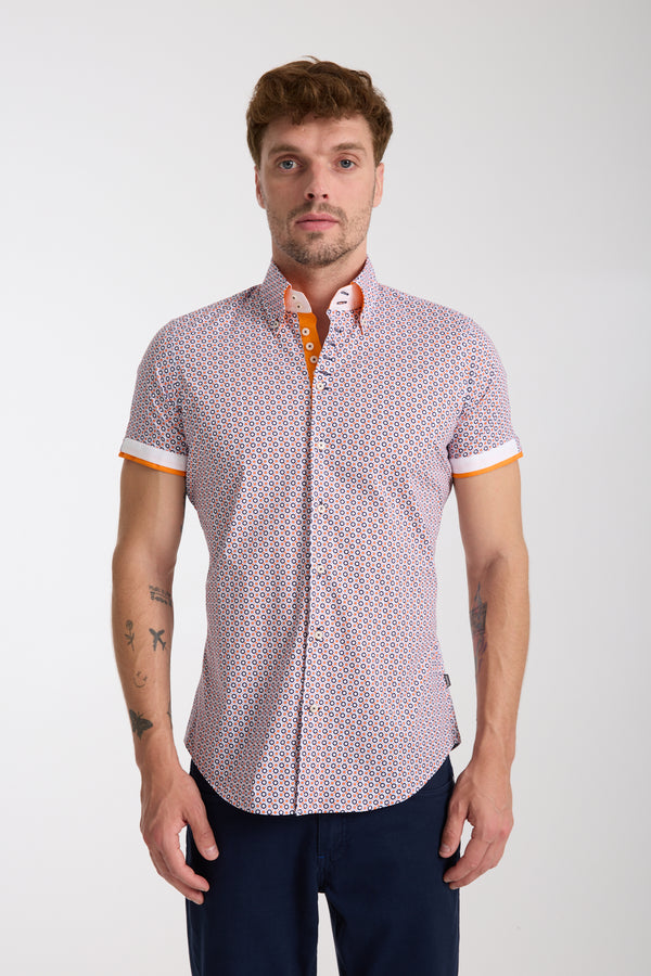 Chemise Homme Manche Courte Roma Iconic Popelin Stretch Blanc Orange