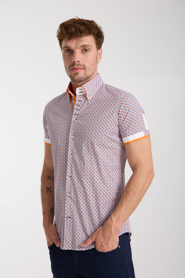 Chemise Homme Manche Courte Roma Iconic Popelin Stretch Blanc Orange
