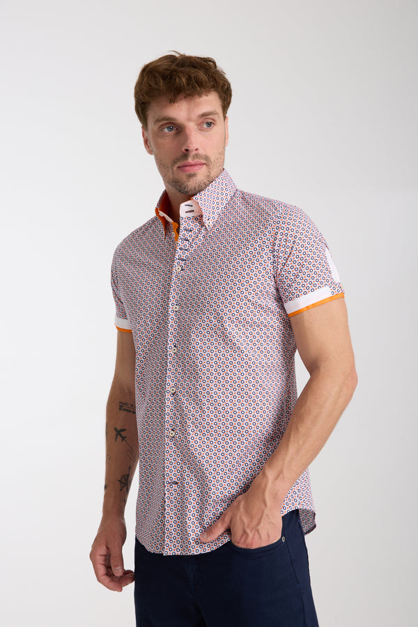 Chemise Homme Manche Courte Roma Iconic Popelin Stretch Blanc Orange