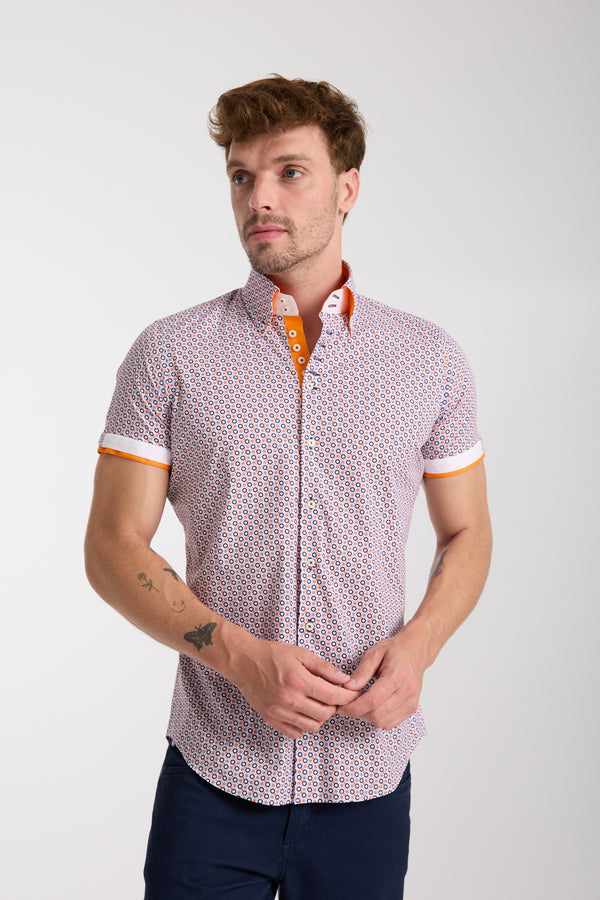Chemise Homme Manche Courte Roma Iconic Popelin Stretch Blanc Orange