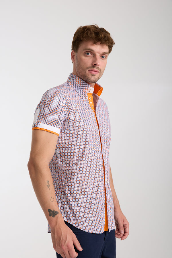 Chemise Homme Manche Courte Roma Iconic Popelin Stretch Blanc Orange